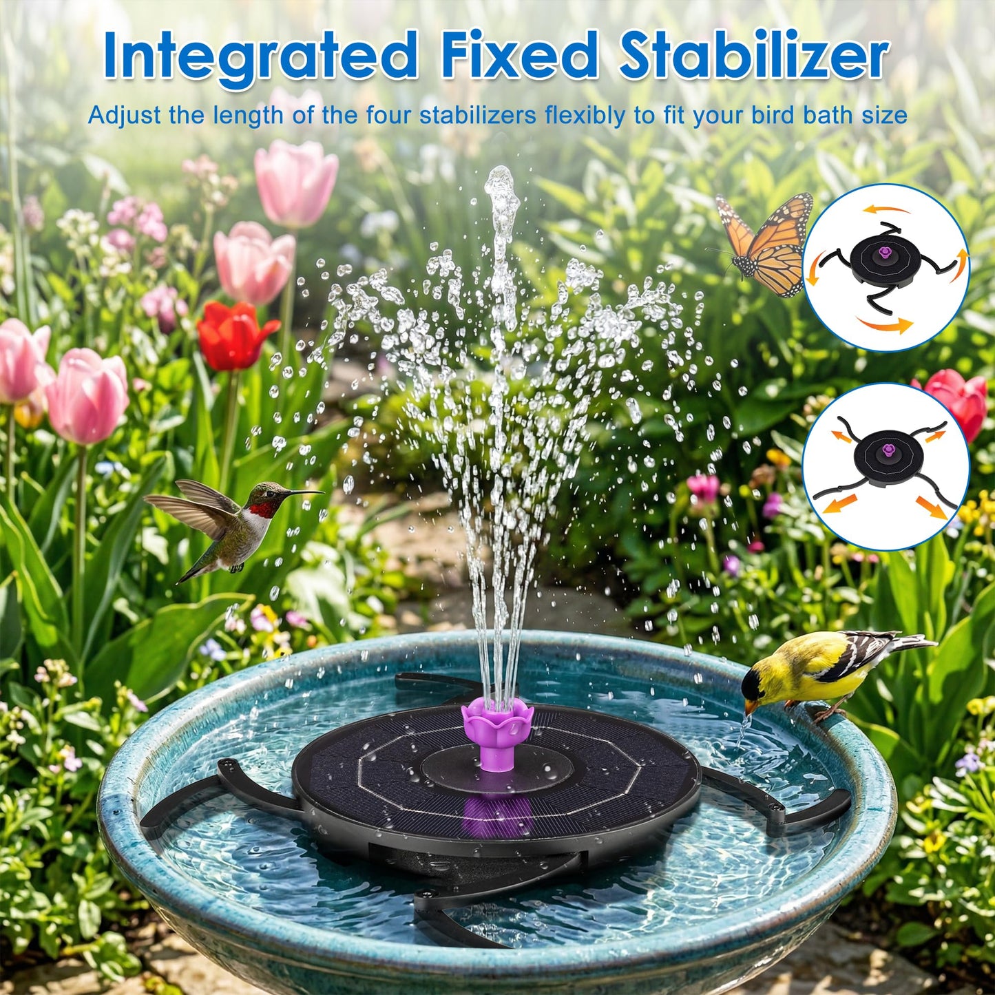 VOROSY Solar Powerd Fountain, Works in Cloudy with 2000mAh Battery Backup, Solar Bird Bath Fountain with 4 Adjustment Rods, 7 Nozzles, Outdoor Water Fountain for Brid Bath, Garden, Pool, Pond
