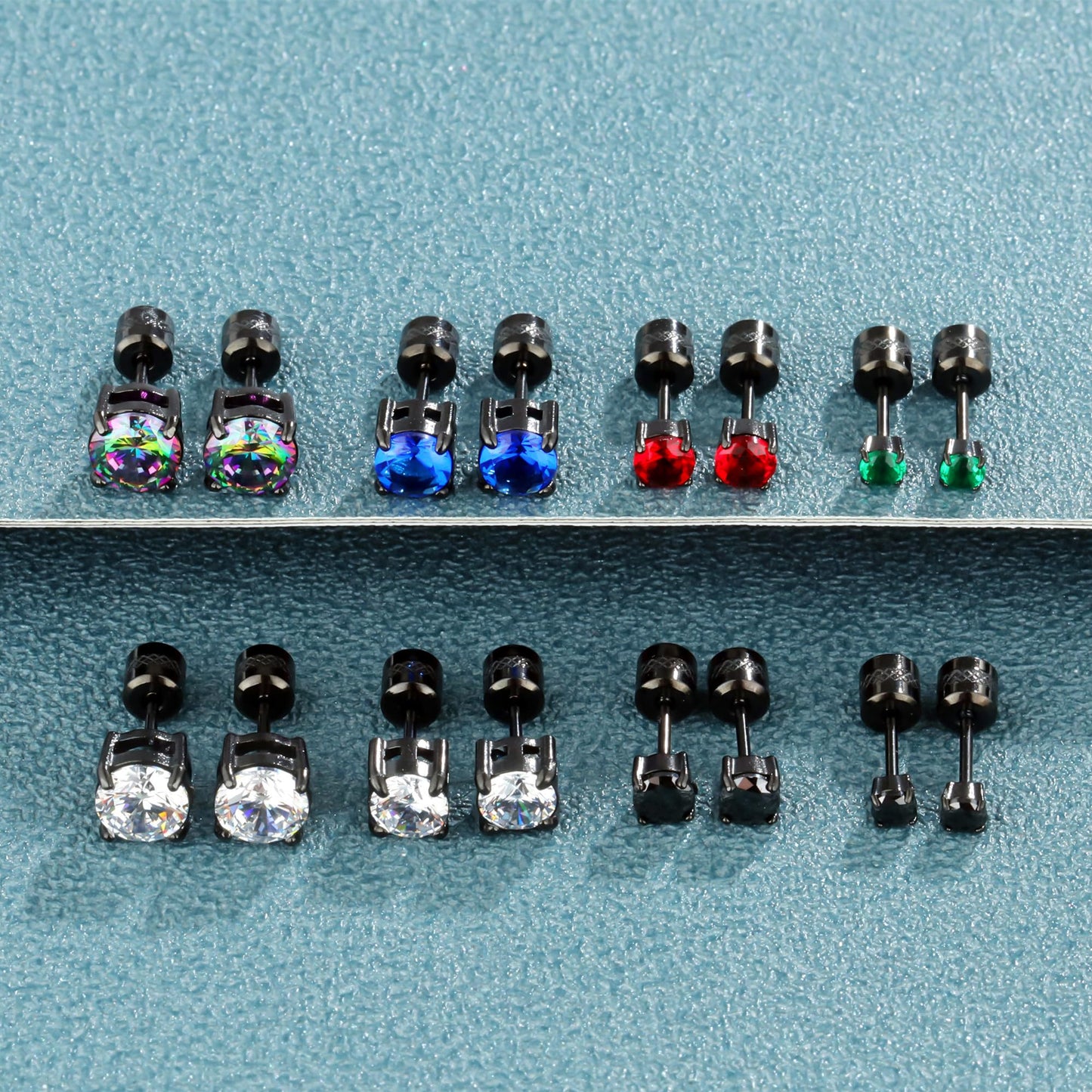Hopply 4 Pairs Titanium Screw Back Surgical Stainless Steel Earrings for Women Men,Rainbow 5A Cubic Zirconia Studs Double Side Earrings Piercing Sleeper Jewelry 6mm (Black/Silver CZ 3-6mm)