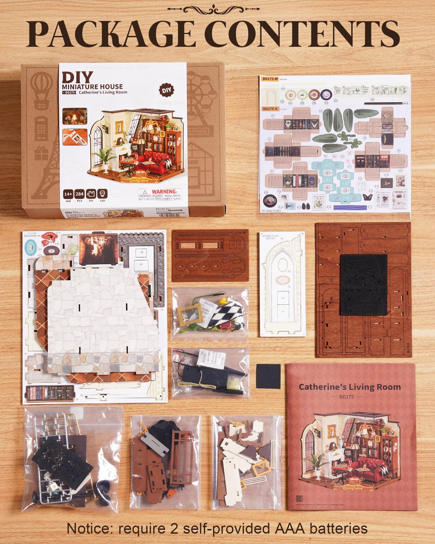 ROBOTIME DIY Miniature House Kit, Mini Dollhouse Kit, Tiny House Kit for Adults, Wooden Furniture Kit with LED, Halloween/Christmas/Birthday Gifts for Family/Friends(Catherine's Living Room)