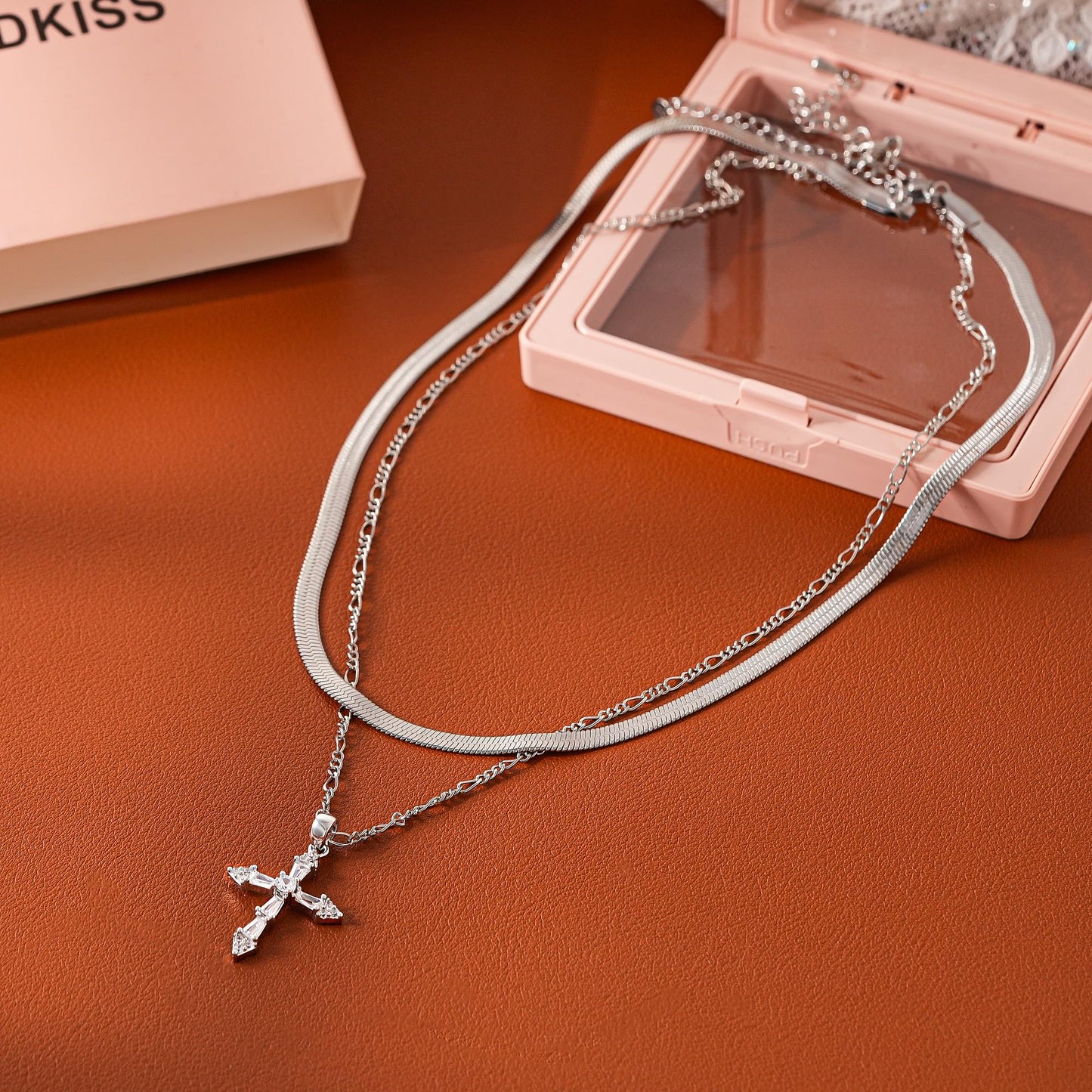 ANDKISS Layered Cross Necklace for Women - Dainty 14K Silver Plated Stacked Necklaces Trendy Snake Chian Cross Pendant Necklace Jewelry Gifts Christmas Women