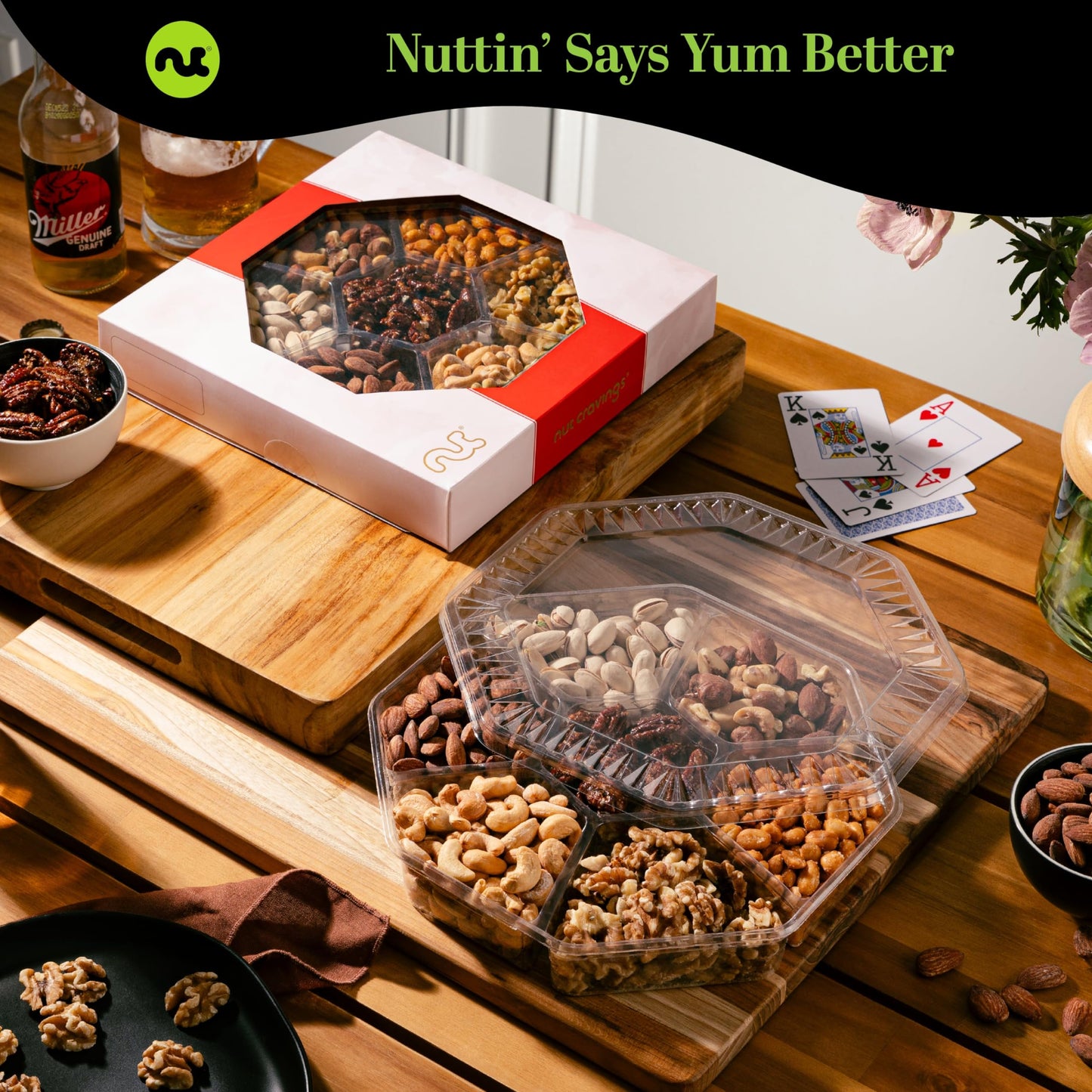 NUT CRAVINGS - Mothers Day Treats, Mixed Nuts Gift Basket in Red Gold Box (7 Assortments, 1 LB) Treats for Adults, Food Arrangement, Healthy Snack Care Package, Kosher