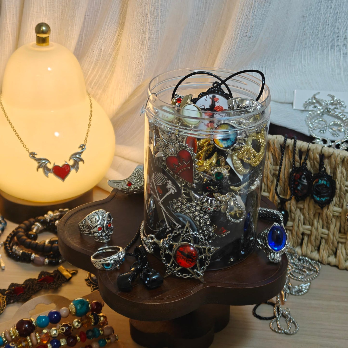 MINGRI Mystery Jewelry Jar,Gothic Jewelry Box for Women, Spooky Season Accessories Gift Set(30PCS Gothic Witch Punk Necklace,Earrings, Rings,Bracelets/Bangles),Unique Birthday & Party Favor for Her