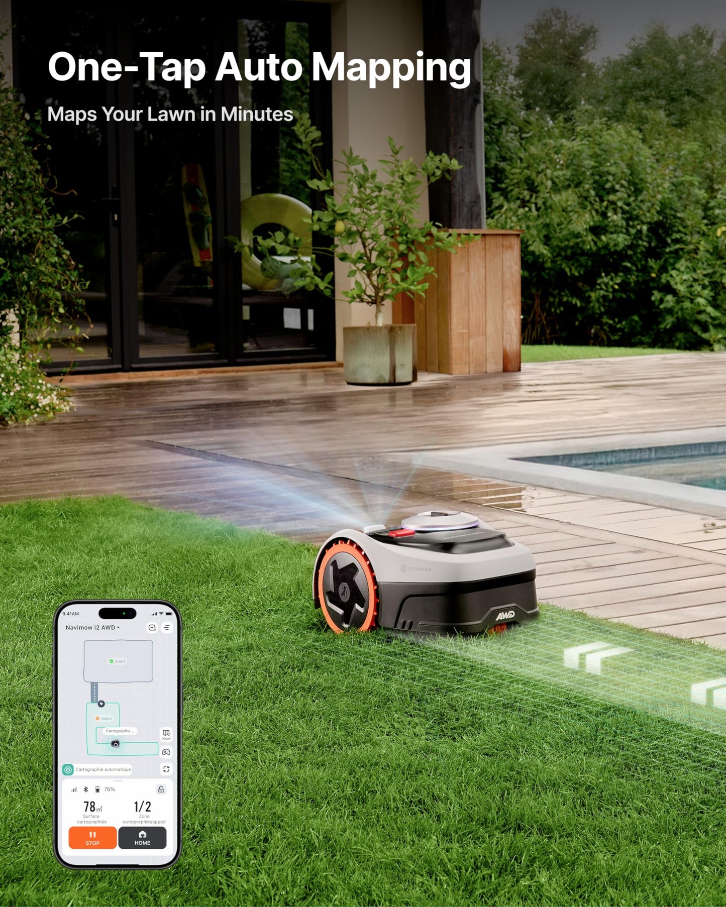 Segway Navimow i206 AWD Robot Lawn Mower, Wire-Free Robotic Mower, All-Wheel Drive for 45% Slopes, 2–3.6 in Adjustable Cutting Height, NRTK + Vision, Auto Mapping, 2.55Ah Battery, Covers 0.15 Acre