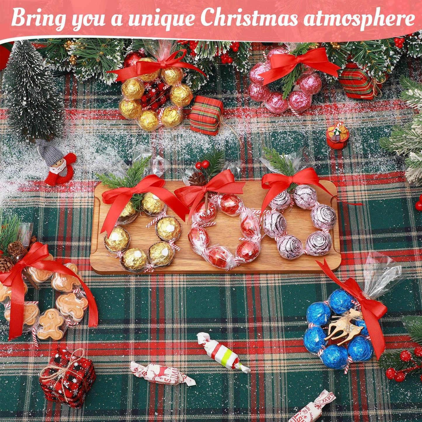 Dunzoom 50/100 Set 2'' x 24'' Christmas Candy Wrapping Gifts Treat Bags Set Plastic Transparent Bags with Twist Tie and Loop of Ribbon for Xmas Party Favors Chocolates Candy Wreath Making Kit