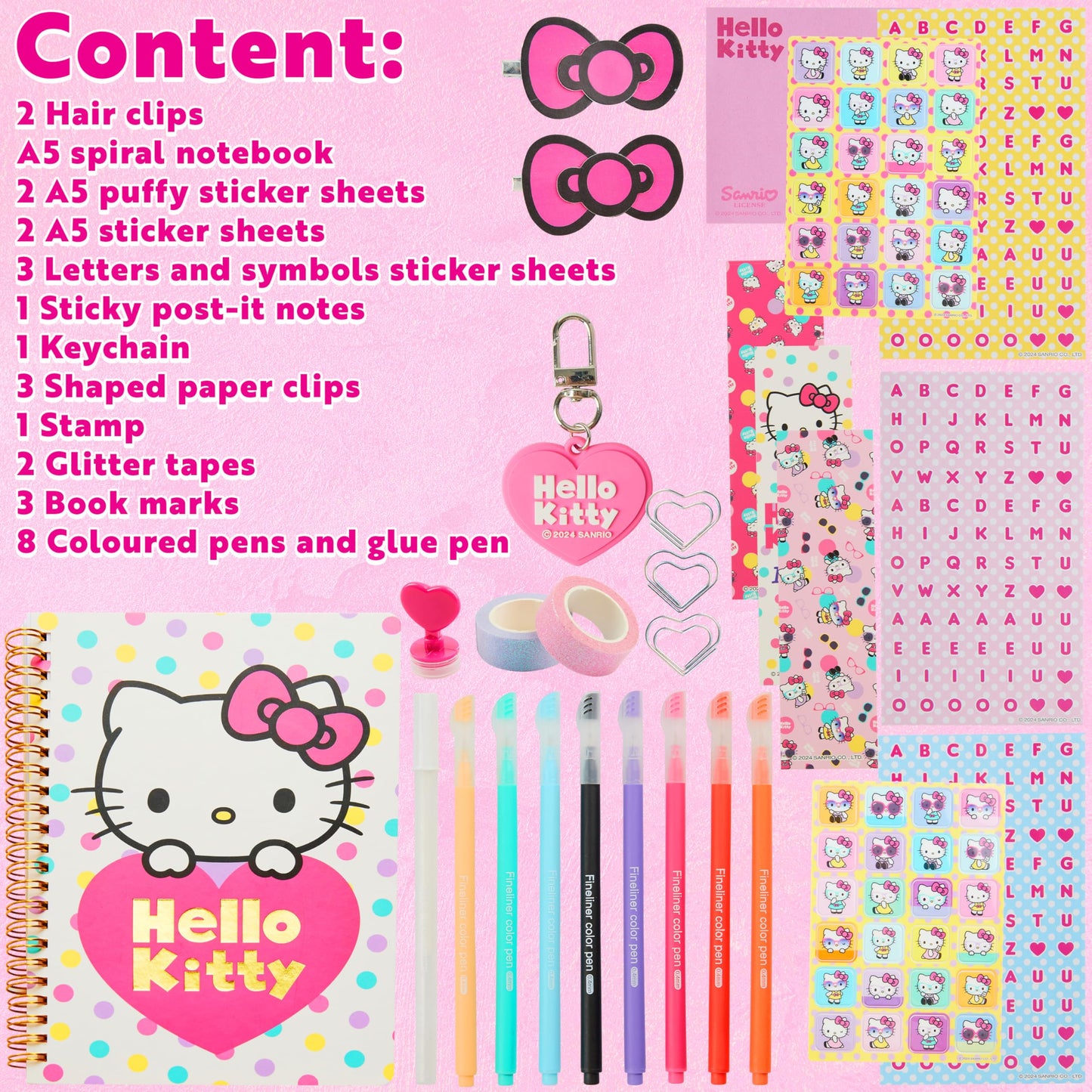 Hello Kitty Sanrio DIY Journal Kit for Girls Tweens, A5 Spiral Notebook with Stickers, Stationery Set, Cute Art & Crafts Supplies, Diary Set, Kawaii Anime Gifts for Girls (Pink Hello Kitty)