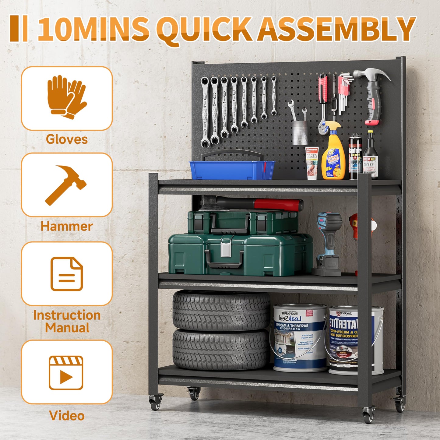 48" H Metal Garage Workbench with Pegboard,3-Tier Roling Tool Work Bench,Adjustable Heavy Duty Work Table on Wheels,Black Mobile Workstation for Garage Warehouse Workshop,Screwless Design