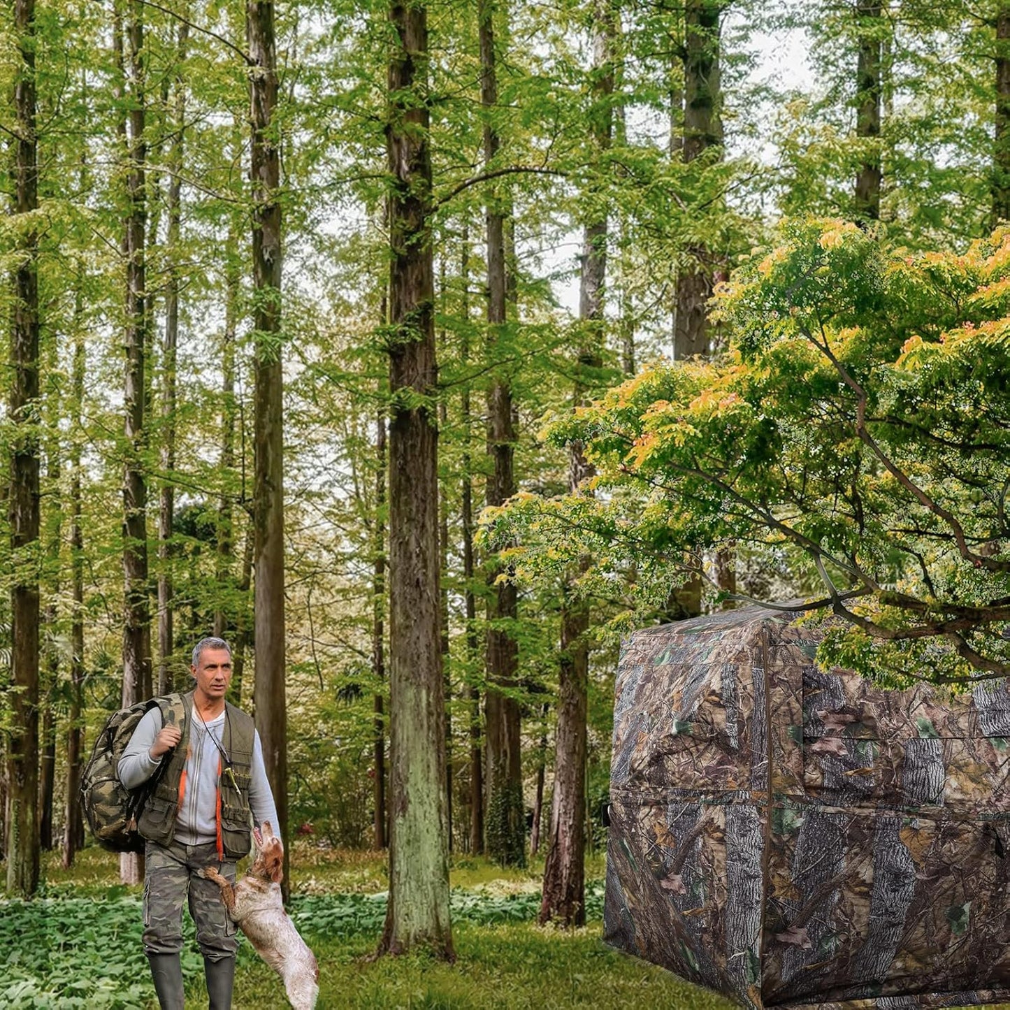 FUNHORUN Hunting Blind 360 Degree See Through Ground Blind with Chair and Carrying Bag, 2/3 Person Pop Up Camouflage Tent Portable Concealed Shelter
