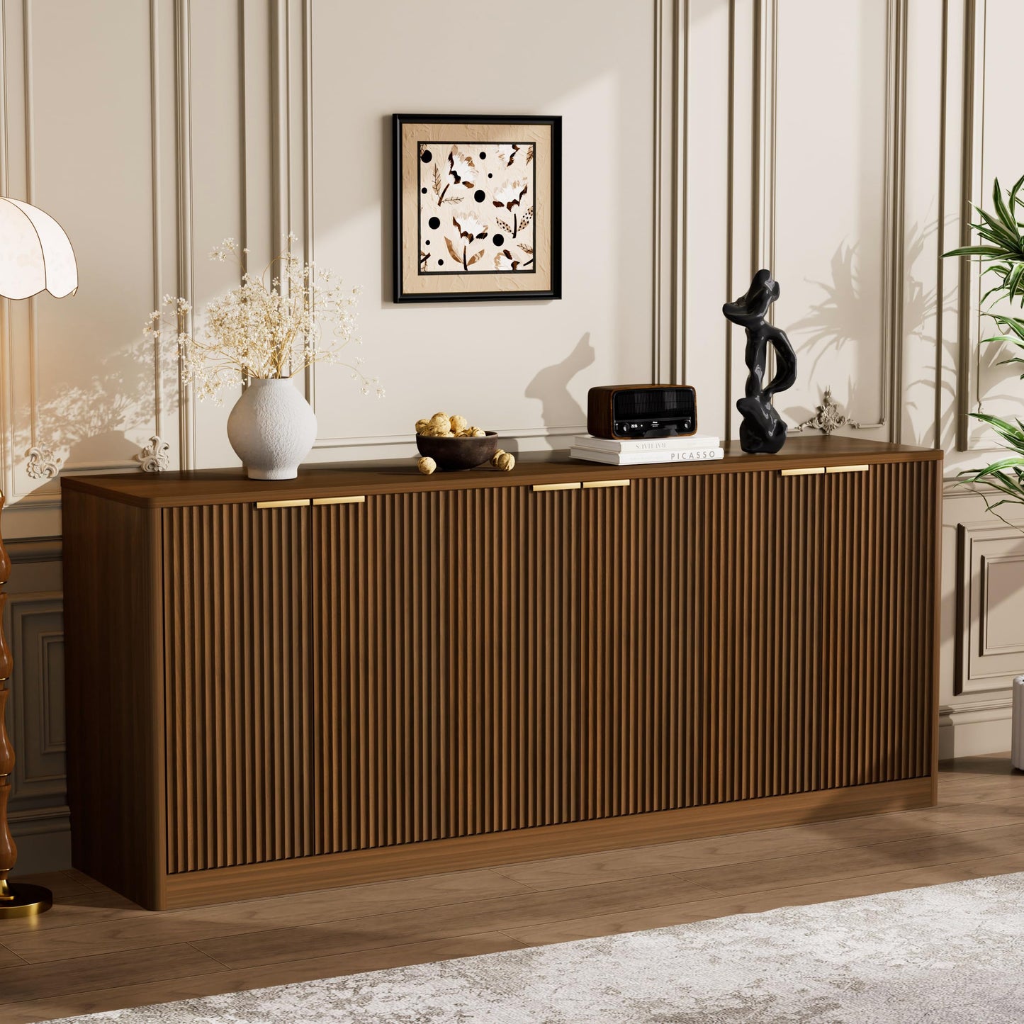 Ball & Cast 67" Fluted Walnut Buffet Cabinet Sideboard with Storage, Large Accent Cabinet with 6 Doors,Wood Mid Century Modern Sideboard for Living Room and Kitchen (67" W*27.7" H*15.7" D)