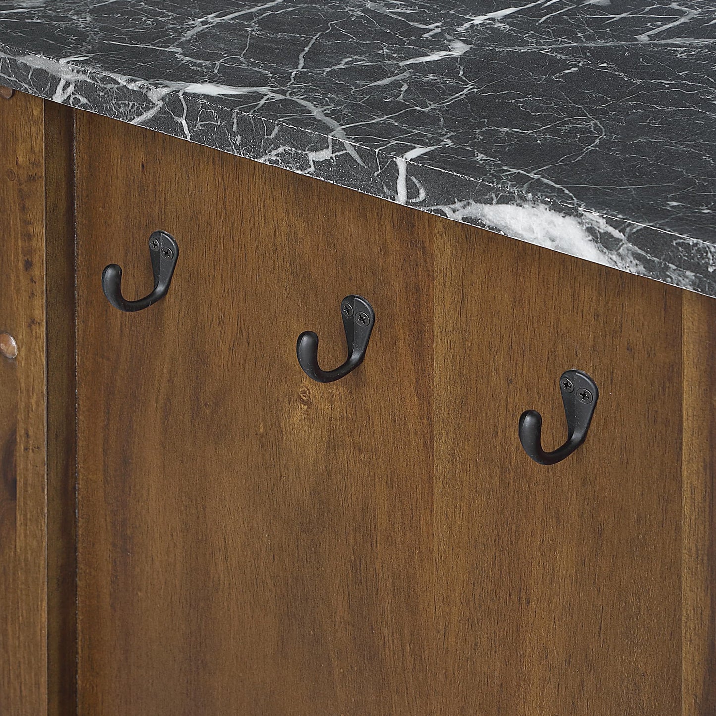 OSP Home Furnishings Fairmont Modern Farmhouse Kitchen Cart, Rolling Storage Cabinet with Drawer, Shelves, Hooks, Towel Bar, Oak Wood Finish with Faux Marble Top