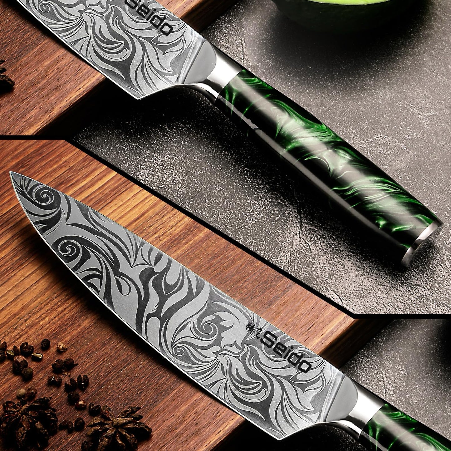 Seido Knives Tengoku Green 8-Piece Chef Knife Set – High-Carbon Stainless Steel Japanese Kitchen Knives, Professional Balanced Knife Set