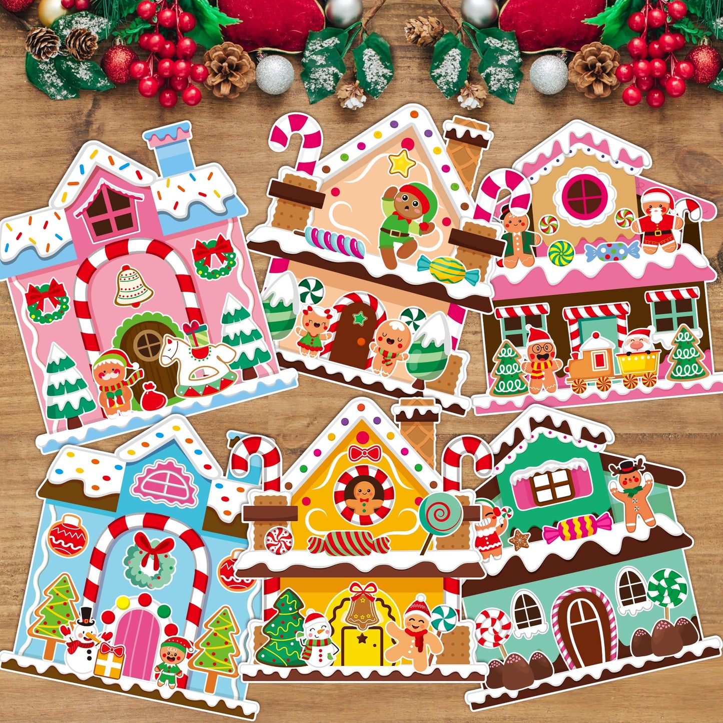 Aginc Berry 12Pcs Christmas Gingerbread Candy House Scene Sticker Art Craft, Make Your Own Christmas Candy House Sticker Scene with Xmas Tree Snowman Stickers for Kids, Xmas Holiday Party Favors