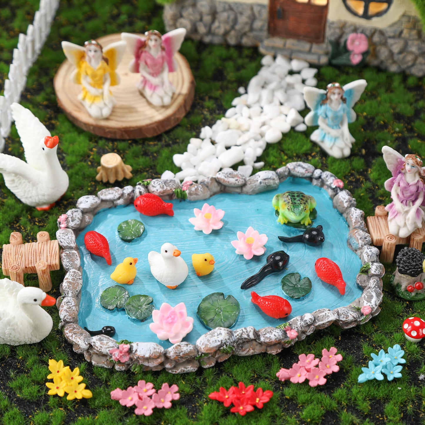 Roowest 57 Pcs Solar Fairy House Garden Accessories Kit Light up Mushroom House Resin Fairy Village Figures Garden Resin Miniature Fish Pond Figures Micro Landscape Outdoor Decorations