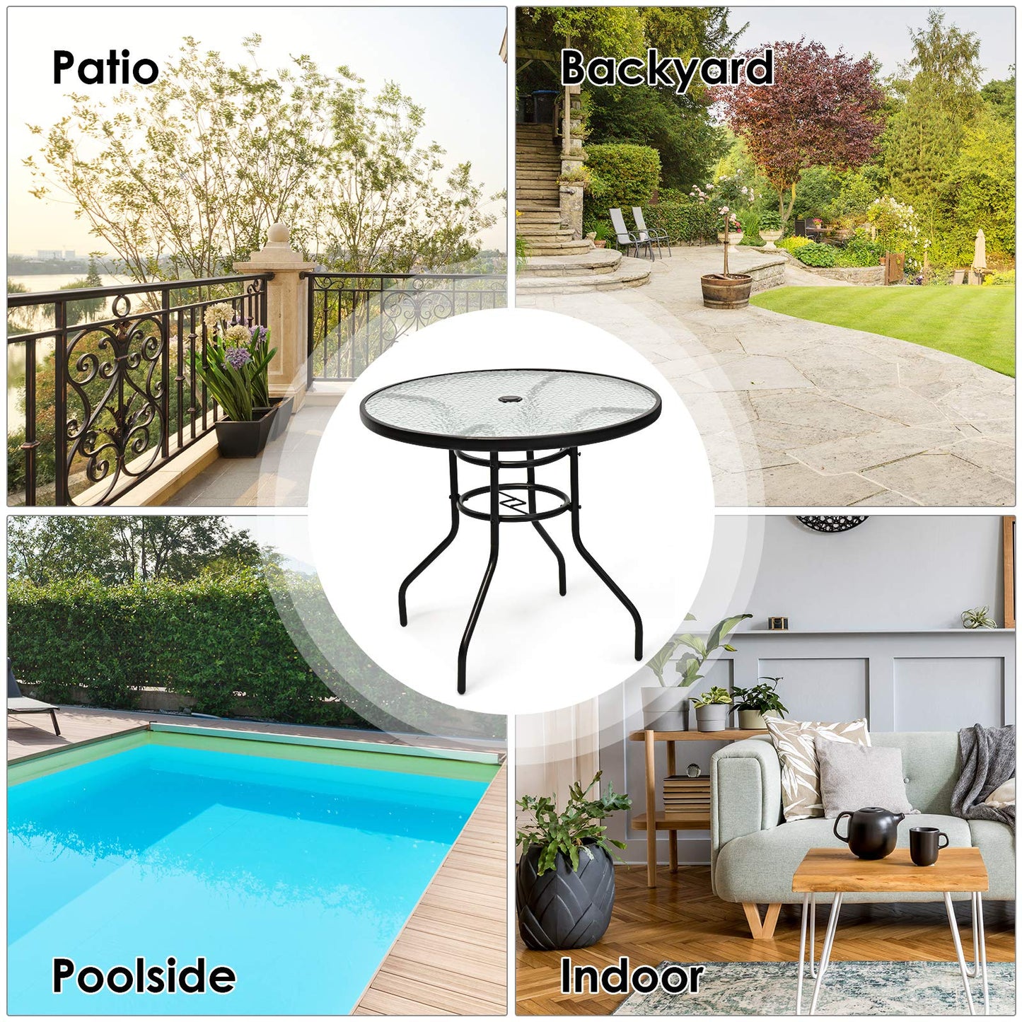 Tangkula 32" Round Outdoor Table with Tempered Glass Top, Patio Dining Table with Umbrella Hole & Metal Frame, Outside Bistro Table for Backyard, Lawn, Deck & Poolside