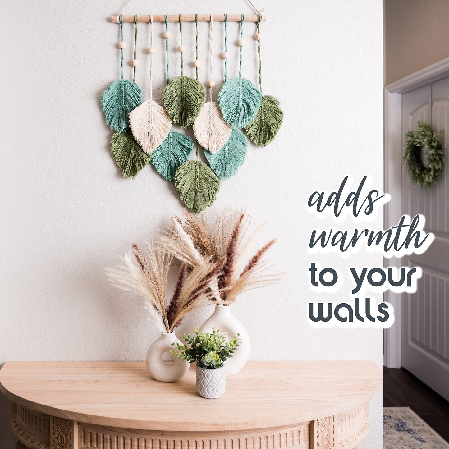 SnugLife Macrame Wall Hanging Leaves - Large Chic Feather Boho Decor, Handmade Yarn Woven Art Leaf Tapestry for Nursery, Bedroom, Living Room, 17 X 22 Inch (Green, Sage Green & Beige)