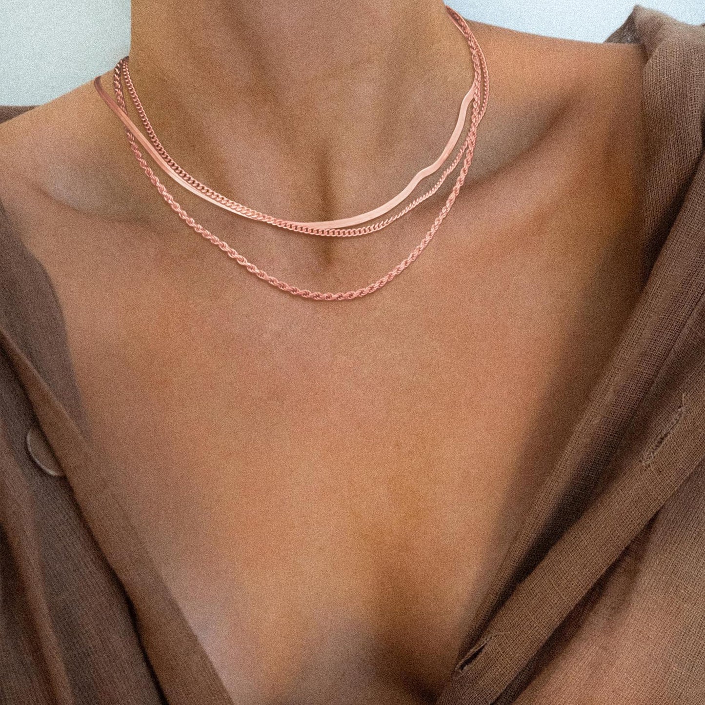Freekiss Rose Gold Layered Necklaces for Women: Dainty Herringbone Rope Cuban Link Chain Necklace Set, 14K Rose Gold Plated, Non-Tarnish, Simple, Perfect for Layering, Gifts, and Daily Wear