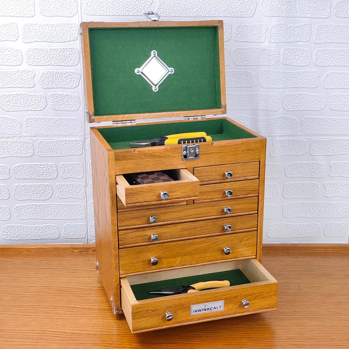 INWINACALT Oak Tool Chest, 8-Drawer Portable Handle with Chrome Hardware,Red Oak Color