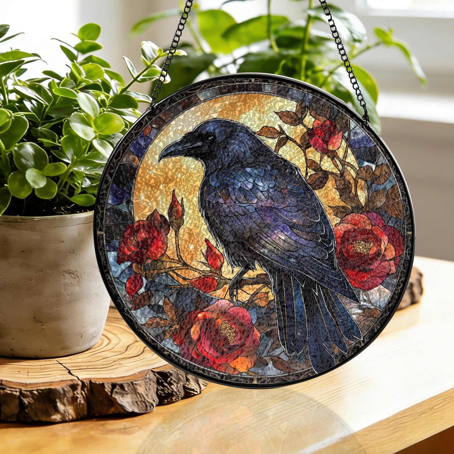 Gothic Black Raven Moon Roses Stained Glass Window Hanging Sun Catchers Dark Crow Glass Panel Hangings Crow Gift for Mom Grandma Halloween Lover Gift for Mom Holiday Ornament Housewarming 7.9inch