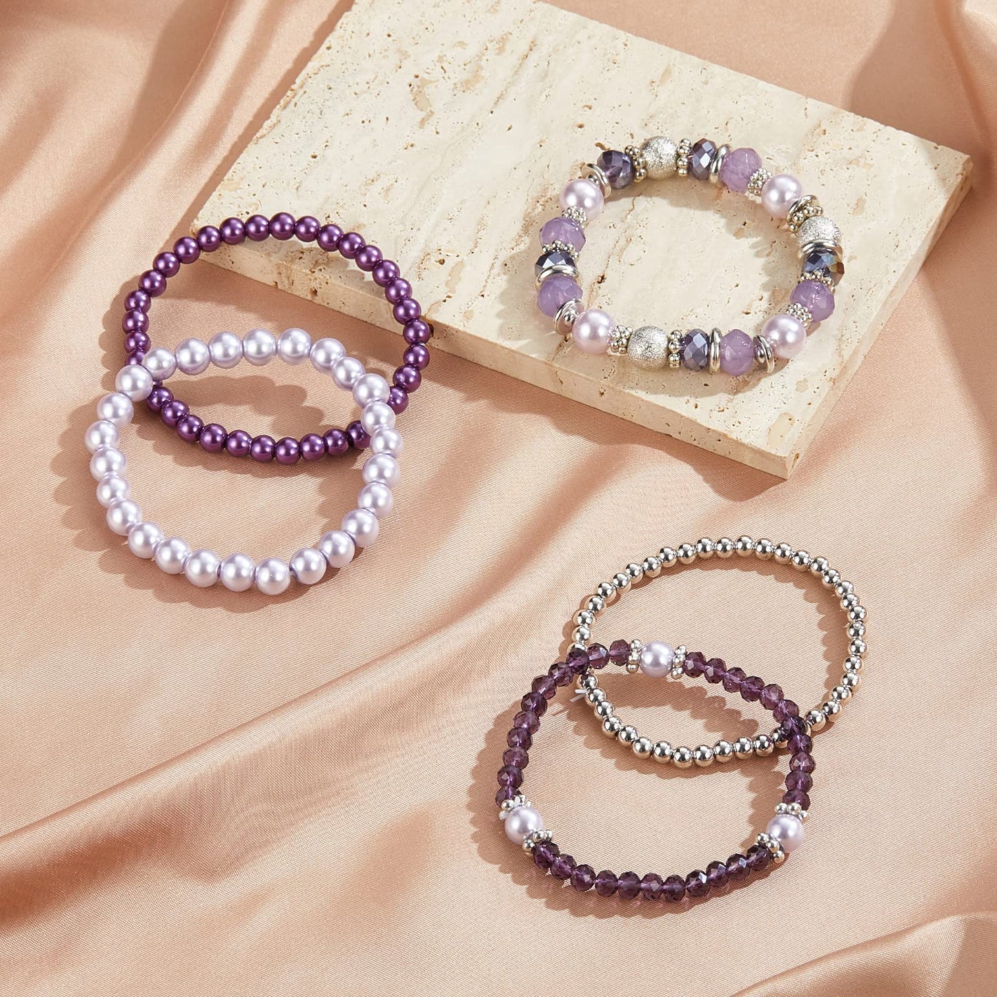 Noessla Beaded Pearl Stretch Bracelet Silver Stackable Crystal Beads Bracelets Trendy Costume Jewelry Mothers Day Gifts for Women(Purple)