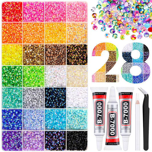 36000Pcs Jelly Rhinestones Bedazzling Kit, Multicolor 3mm Flatback Resin Bedazzler Gems with 3Pcs 10ml B7000 Jewelry Glue for Bedazzled Thing Diamond Art Book Crafting Nail Art