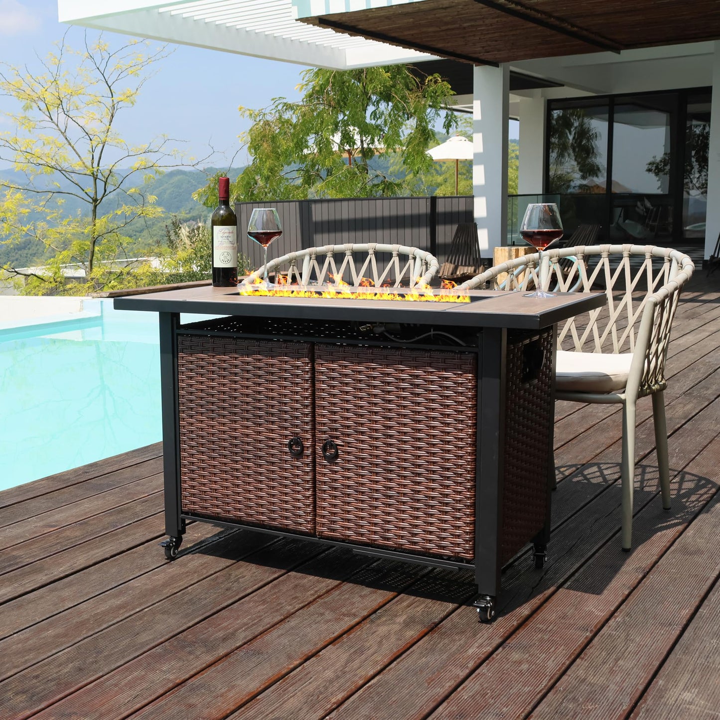 walnest 43 Inch Outdoor Fire Table with Ceramic Tile Tabletop Propane Fire Pit Table 60,000 BTU Gas FirePit CSA Certified Wicker Rattan Fire Table with Lid Glass Rock Wheels Waterproof Cover Gloves