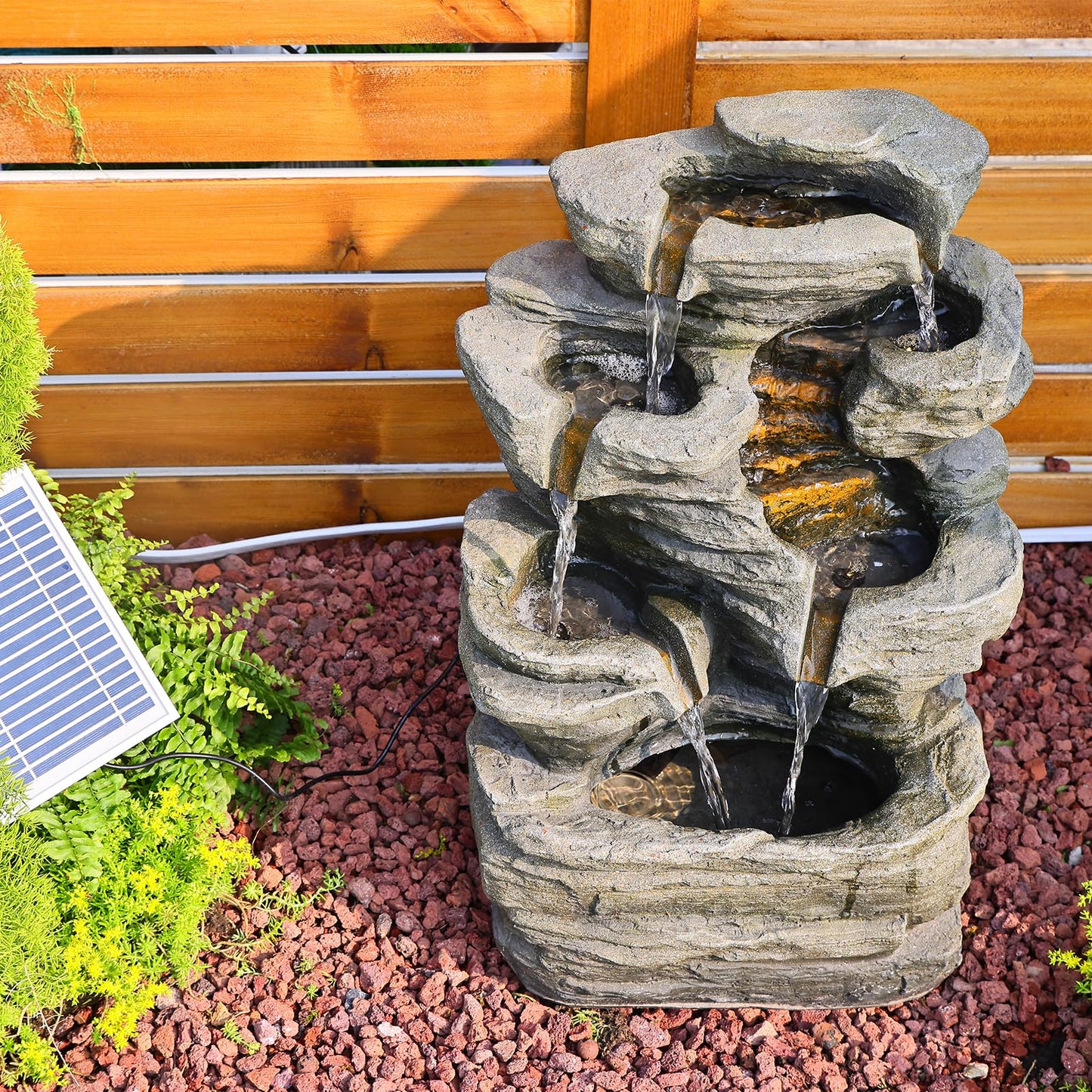 Bumilgar 6 Tier Cascading Rock Solar Water Fountain Outdoor Garden Waterfall Decor for Garden, Patio, Backyard, Deck, Porch and Home Art Decor,24.4" H Outdoor Fountain with LED Lights