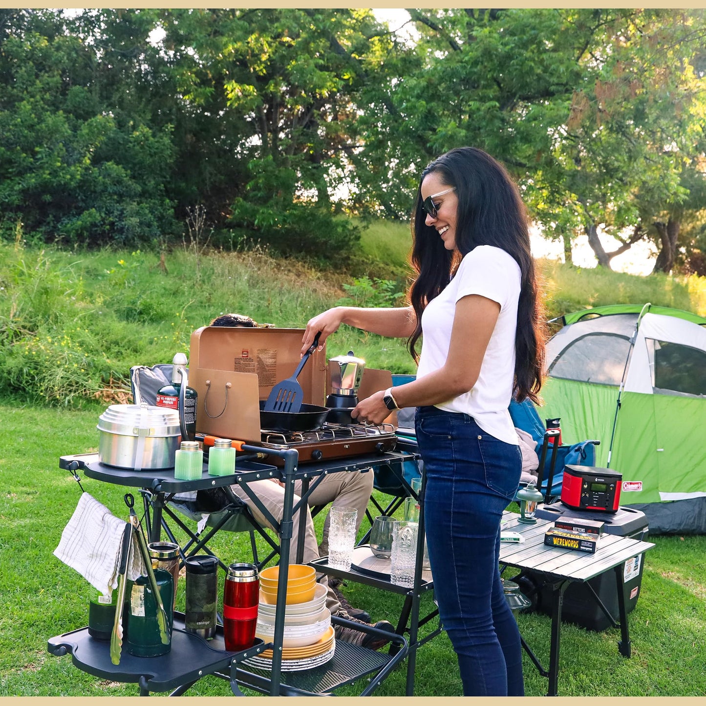 ARROWHEAD OUTDOOR 54" Wide Quick Folding Kitchen Station with Add-on Windscreen, 4 Side Tables, Aluminum Tabletop, Tool-Hanging Cord, 154 LBS Max Weight Load, for Patio BBQ and Camping