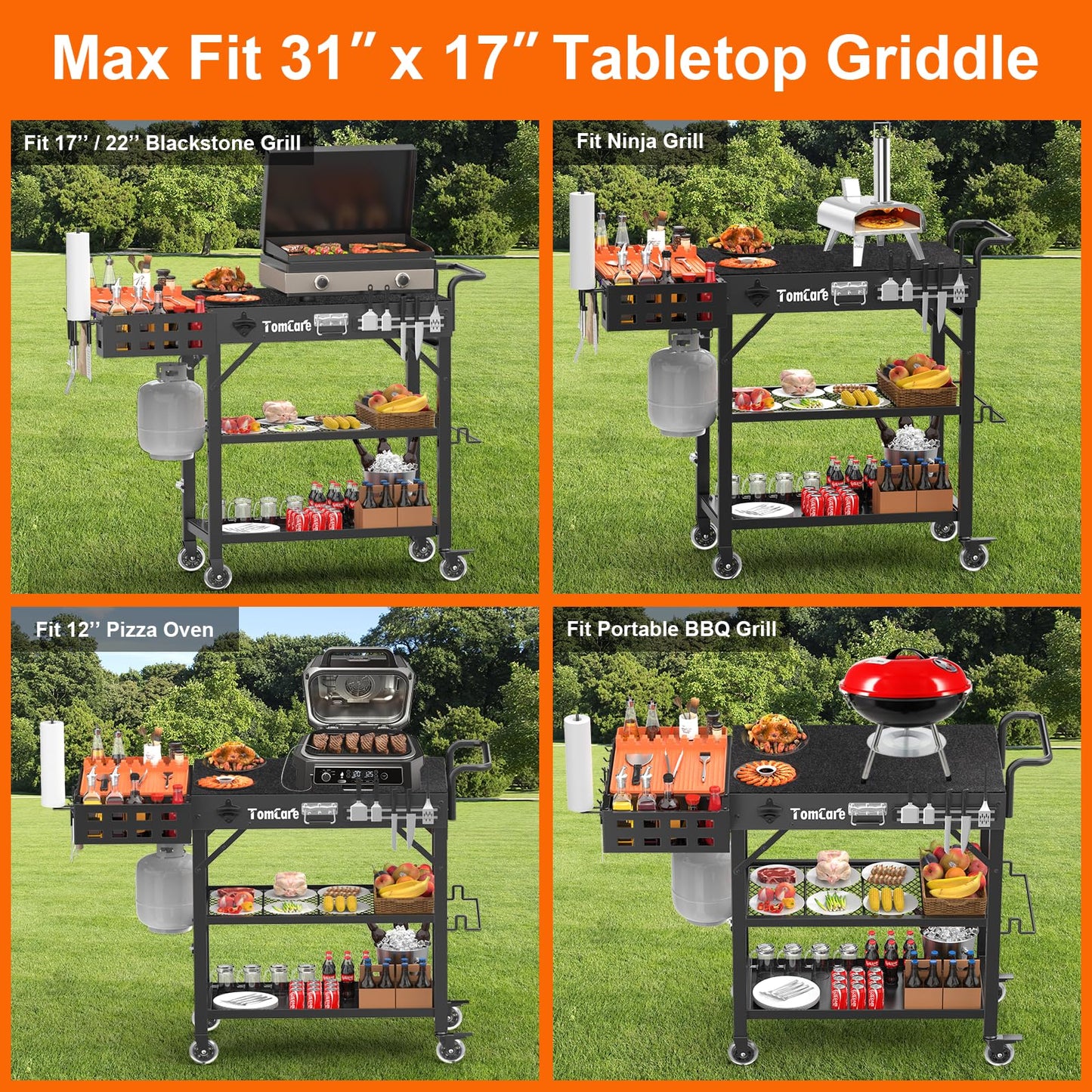 TomCare Grill Table with 3-Tier Storage Shelves Lockable Wheels Grill Cart with Silicone Grill Mat Heavy Duty Outdoor Tabletop Griddle Stand Holds 500Lbs Fits 22” Blackstone Ninja Cuisinart BBQ Grill