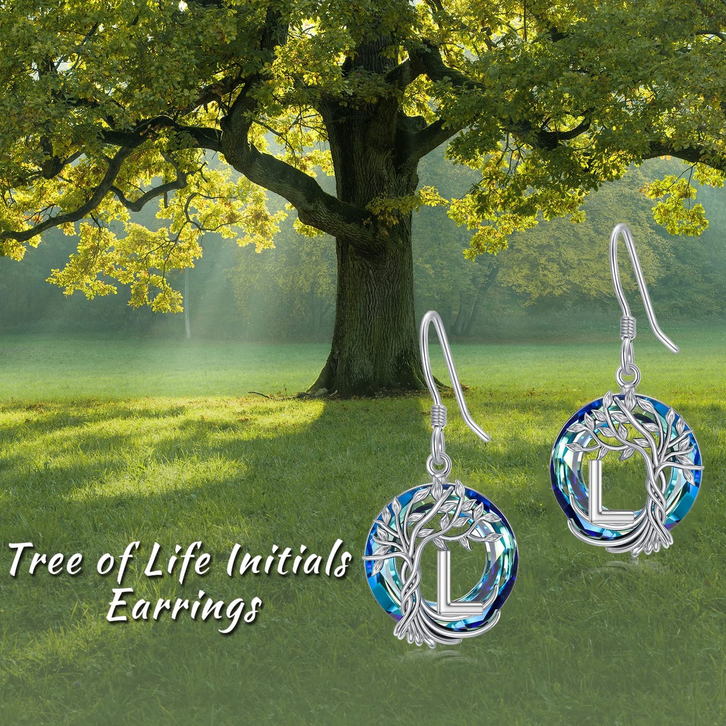 TOUPOP Tree of Life Initial Earrings Sterling Silver Initial L Letter Drop Dangle Earrings Blue Circle Crystal Family Tree Jewelry Birthday Mothers Day Gifts for Women Mom Her