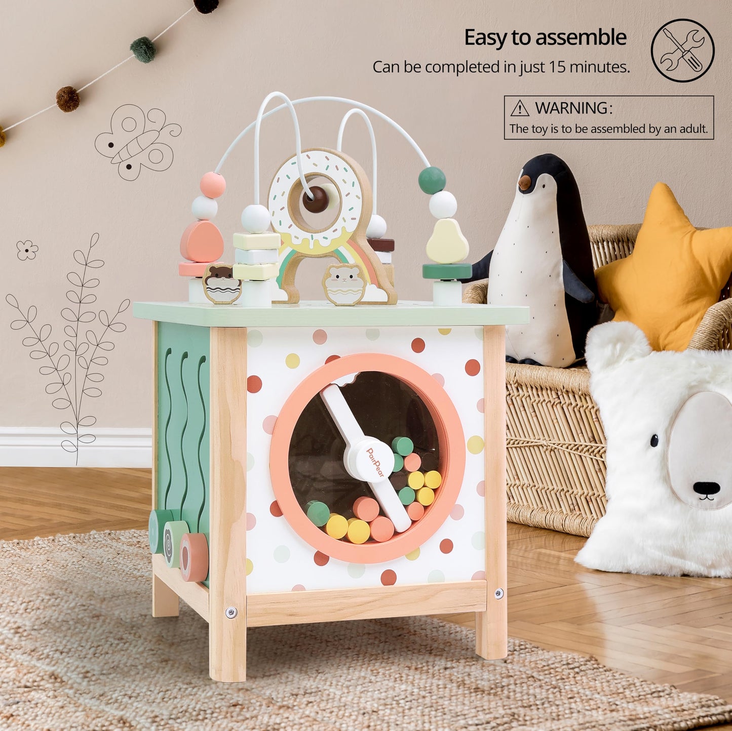 PairPear Wooden Activity Cube Montessori Toys Wooden Play Cube Activity Center Baby Busy Board Multifunctional Early Educational Development Toys Sensory Gifts for Toddlers Girls Boys 1 2 3 Year Old