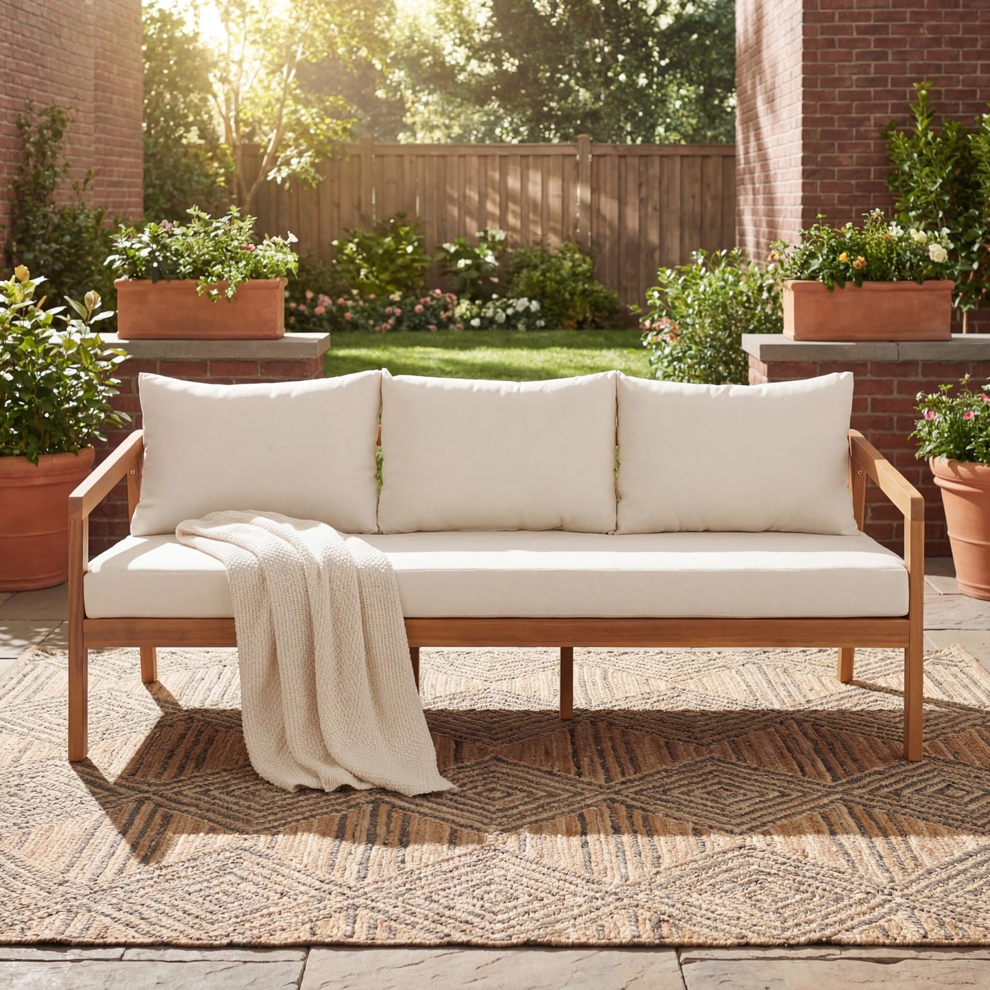 Christopher Knight Home Sures Acacia Wood Outdoor 3 Seater Sofa with Cushion, Solid Wood Patio Sofa with Removable Cushion, Comfy Lounge Sofa for Patio Furniture Set, Natural+Beige