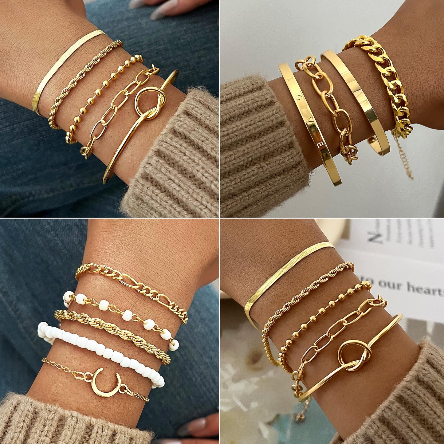 FAXHION 68 Pcs Gold Jewelry Set for Women with 7 Necklace, 17 Bracelet, 5 Hoop Earrings, 15 Stud Earrings, 24 Knuckle Rings for Women Jewelry Set for Women