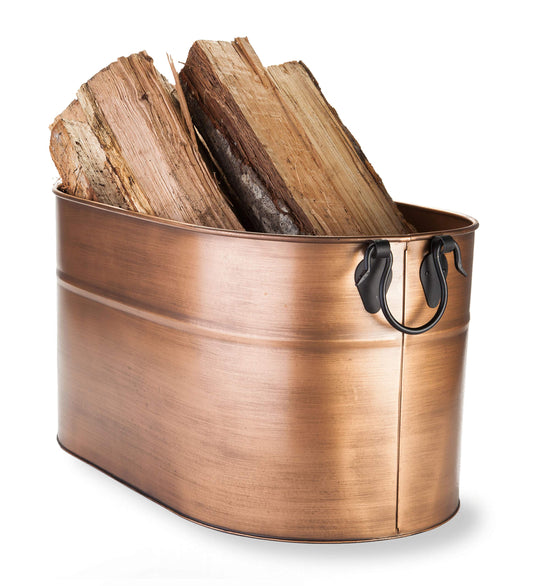 Plow & Hearth Vintage-Style Antique Copper Firewood Bucket with Wrought Iron Handles | Decorative Firewood Rack | Galvanized Steel Log Holder for Fireplace | 13.25" W x 11.25" H x 21.25" L