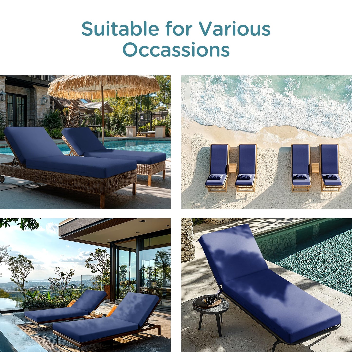 Codi Outdoor Lounge Chair Cushion, Chaise Cushions for Patio Furniture, Double Waterproof Fabric for Pool, 72 x 22.5 x 3.5 Inch 1PK Midnight Blue