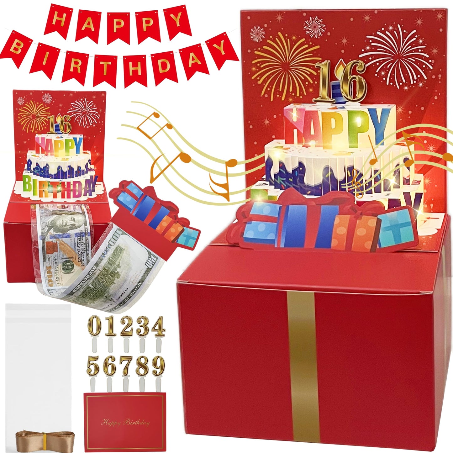JINSTABAG Birthday Money Box for Cash Gift, Money Pull Box with Music Light 3D Cake and DIY Number Placard for Any Age, Birthday Decorations for Boys Girls Kids Adult (Red)