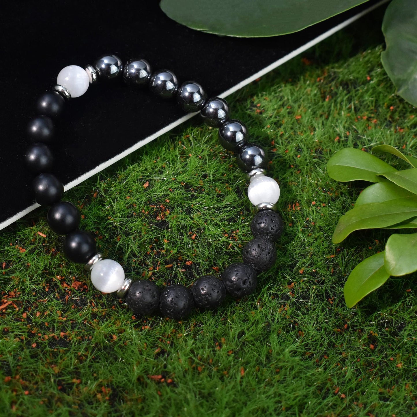 Ayriwoyi Protection Bracelet Black Onyx Agate Bracelet Healing Crystal Stone Beaded Bracelet Selenite Hematite Anxiety Bracelet for women Stretch Bracelets