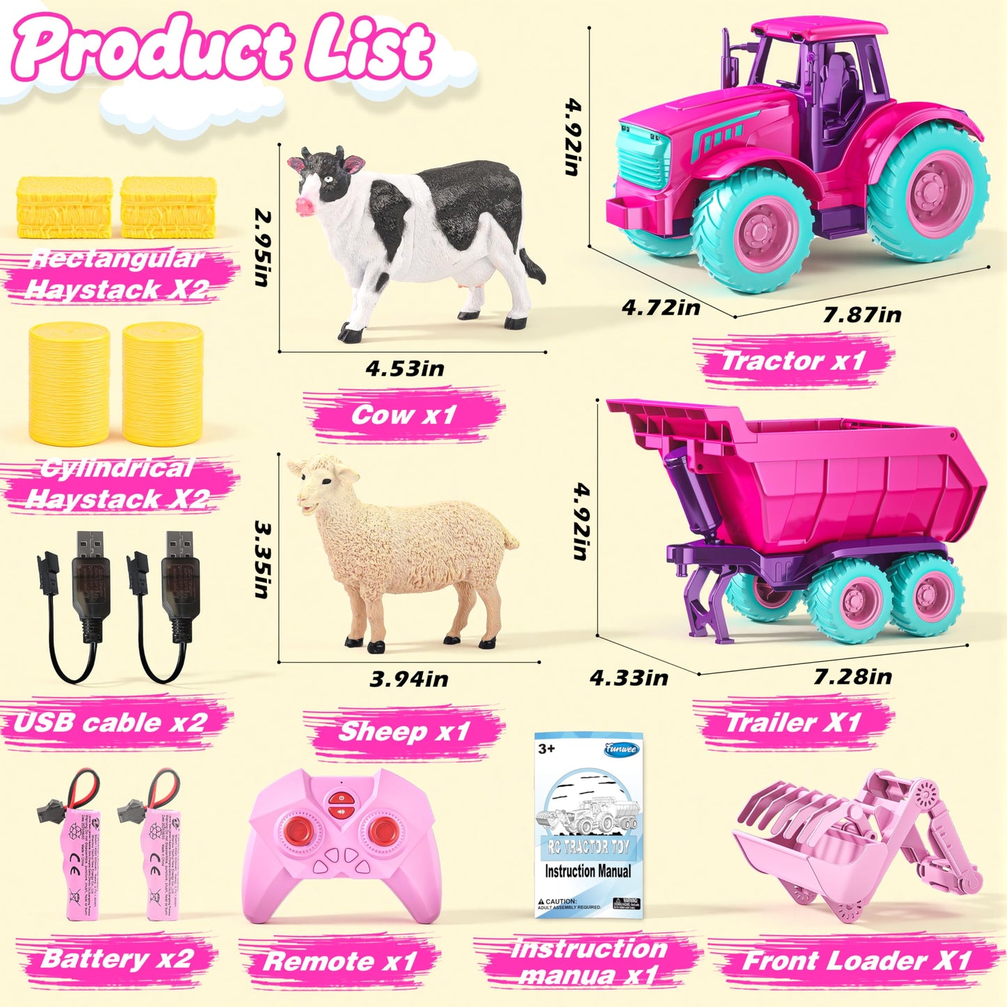 Funwee RC Tractor Toy Set with Light & Sound, Kids Farm Car Animal Trailer Wheels Remote Truck, Outdoor Vehicle Toys for 3-7+ Years Old Toddler Boy and Girl Gift(Rose red)