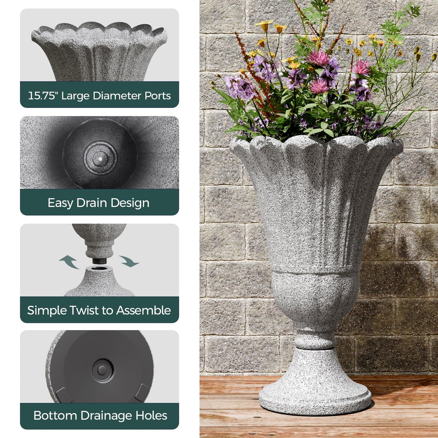 Trygoal 23.6" Tall Plastic Urn Planters for Outdoor Plants with Drainage Holes & Petal Design, Set of 2 Sturdy Base Classic Indoor Large Flower Pots, Outdoor Planters for Porch/Home/Garden, Slate Gray
