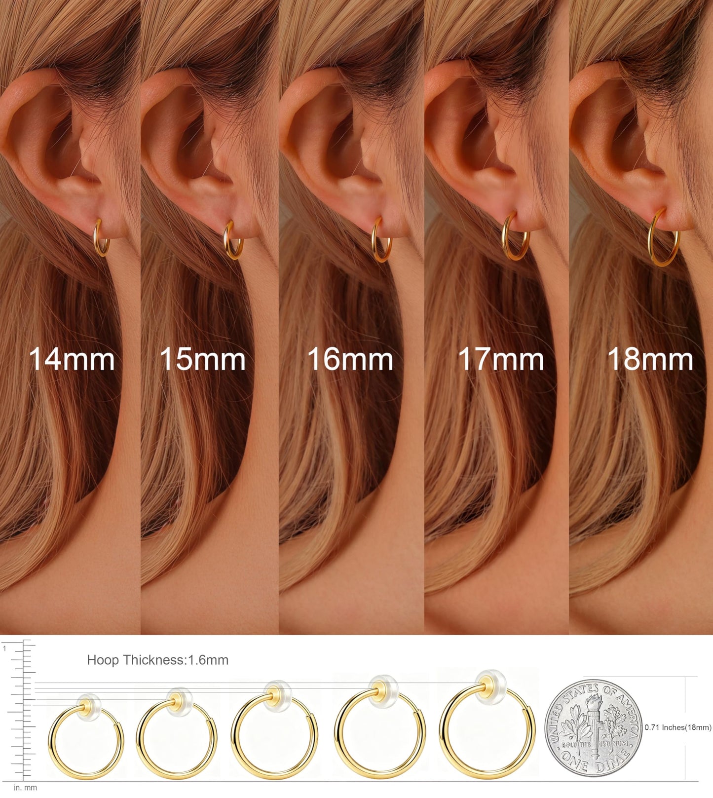PLOMFOV Clip On Hoop Earrings for Women Small 14K Gold Plated Clip On Earrings Women Fake Hoop Earrings Non Pierced Earrings 14mm-18mm