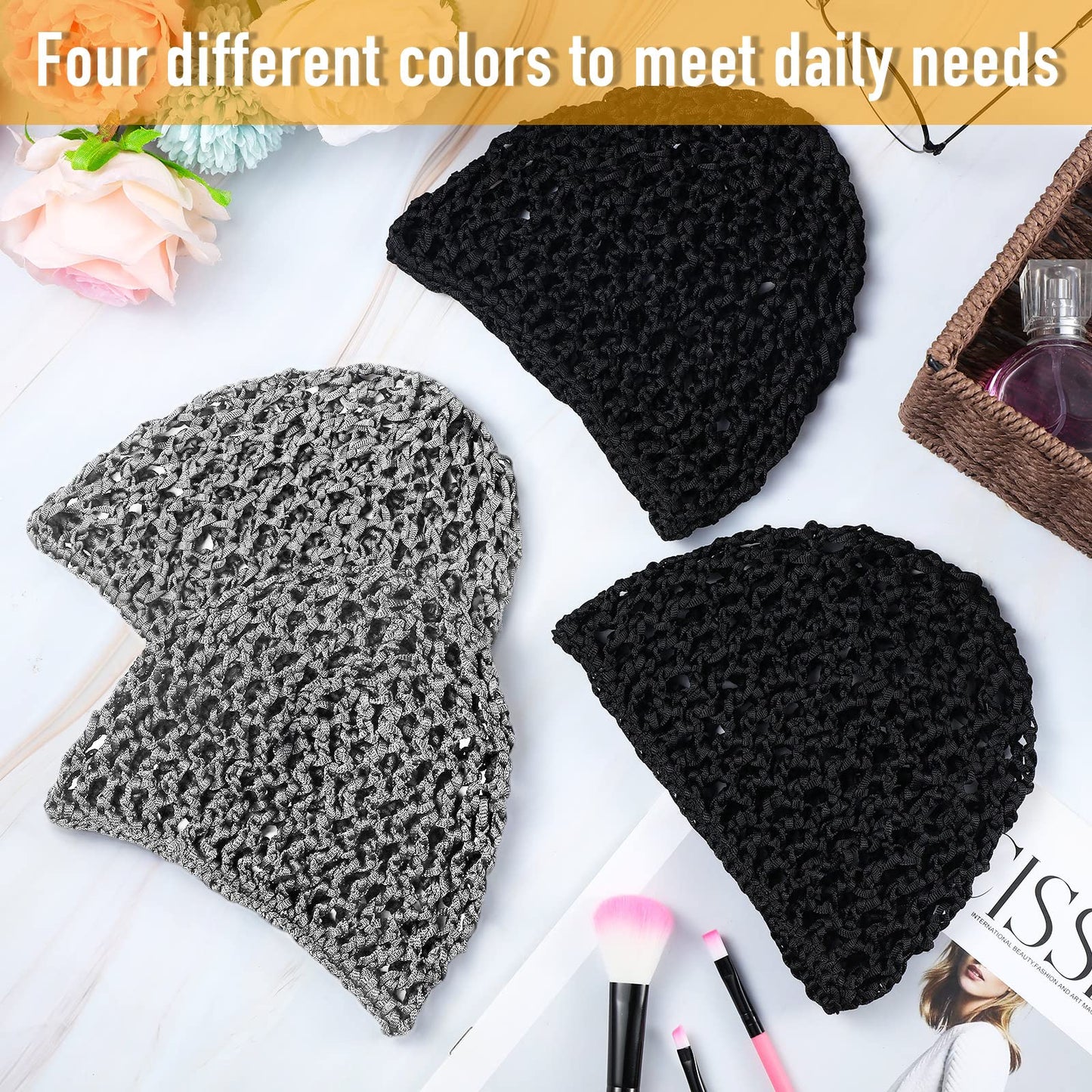 4 Pieces Mesh Crochet Hair Net Rayon Knit Snood Hat Thick Short Women Hairnet Snoods Cover Ornament for Sleeping (Black, Gray)