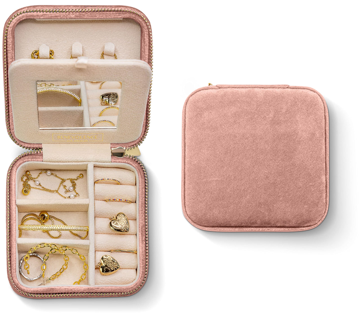 Benevolence LA Plush Velvet Jewelry Box | Travel Jewelry Case Organizer with Mirror | Featured in Oprah's Favorite Things | Best Gifts For Daughter, Girlfriend, Mom | Gifts For Her - Dusty Pink