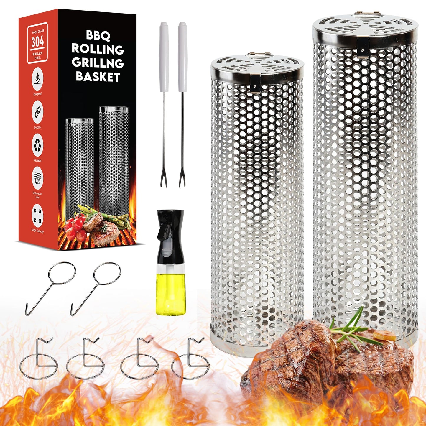 Rolling Grilling Baskets (2 PCS) - 360° Heavy Duty Stainless Steel BBQ Basket, Complete Set for Outdoor Cooking and Party