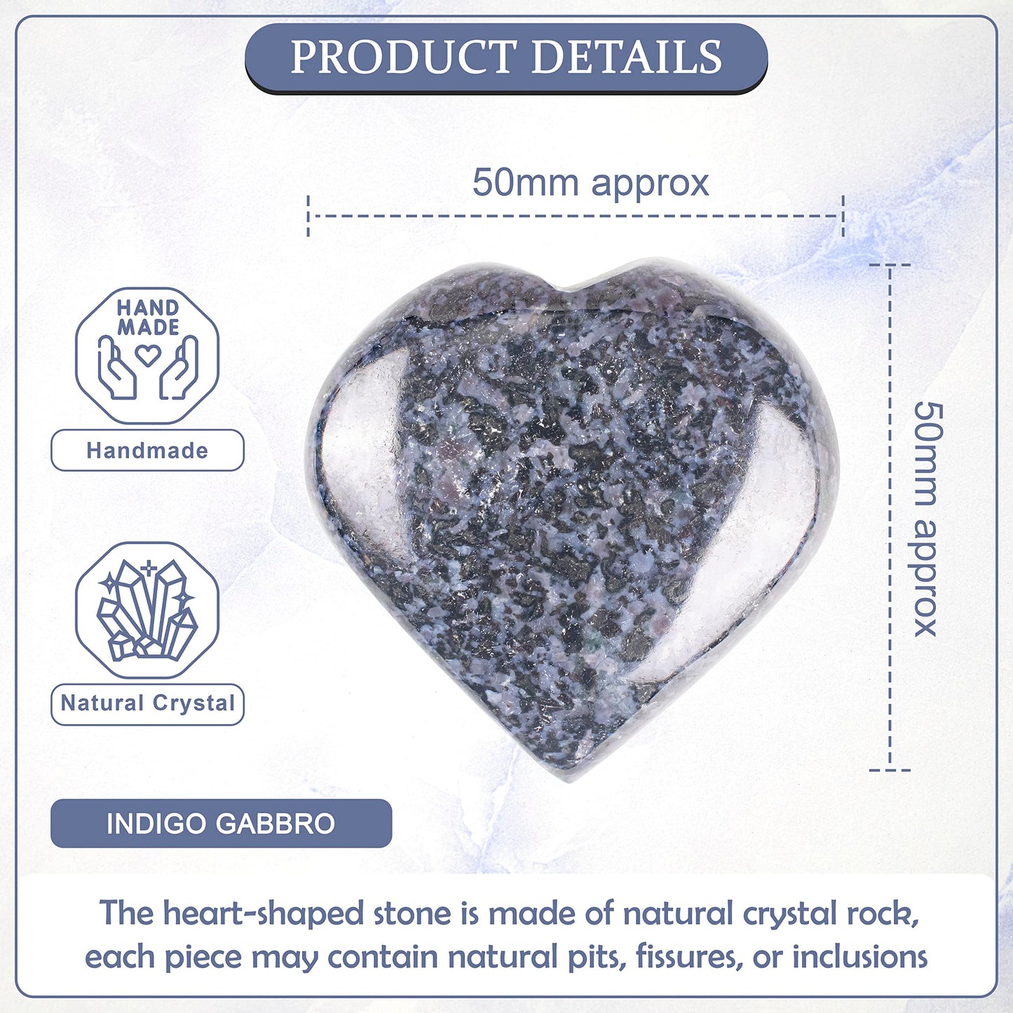 Crocon 50mm Indigo Gabbro Heart stone Big Heart Shape Puff Stones Set 450+ Carats Pocket Crystal Healing Tumble Collection Palm Worry Stone Good Luck Charm Meditation Gift Craft Home Decor