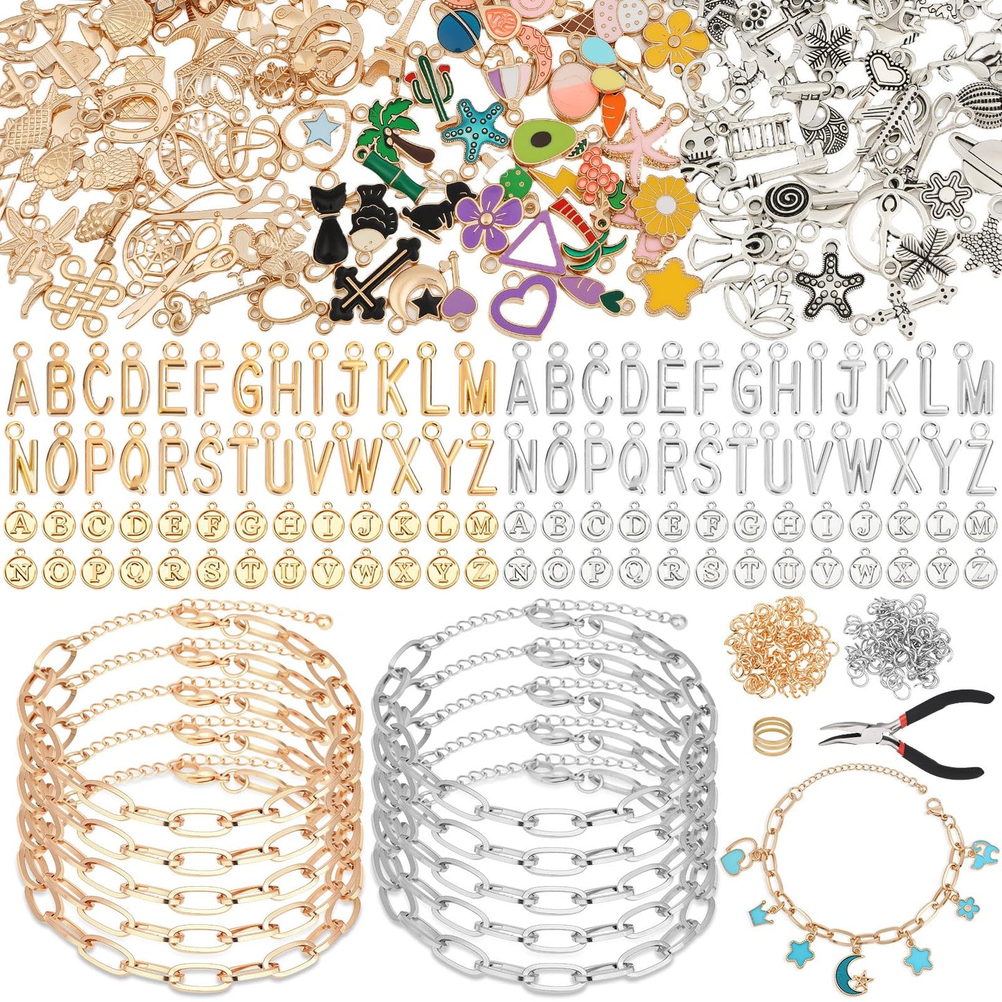 Charm Bracelet Making Kit for Adults & Teens, 477Pcs DIY Charm Bracelet Set with Gold & Silver Charms, Paperclip Chain Bracelets, Alphabet Charms, Complete Jewelry Making Supplies for Crafting
