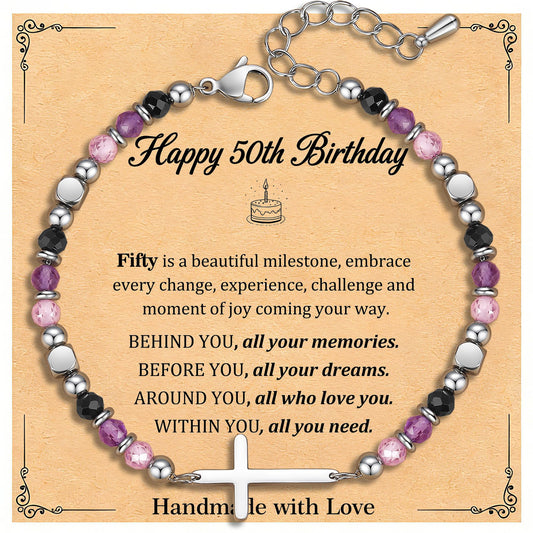 50th Birthday Gift for Her, 50th Birthday Decorations for Women, Dainty Christian Cross Bracelet – Adjustable Anxiety Relief Friendship Jewelry for Friend, Sister, Mom