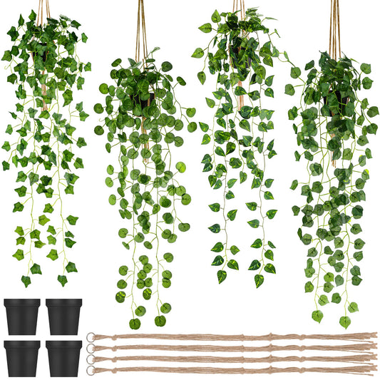 Folmywy 4 Pack Artificial Hanging Plants Vines with Pot Fake Vine Potted Plant Mixed Greenery Leaves Plant Theme Classroom Decoration for Indoor Outdoor Living Room Office Shelf