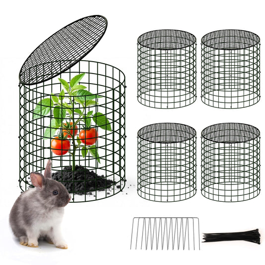 4 Sets of DIY Metal Plant Protectors from Deer, Garden Fencing Animal Barrier Size 11.8 * 12.9 inches, Mesh Plant Cage Chicken Wire Cloche for Plants with Stakes and Nylon Cables