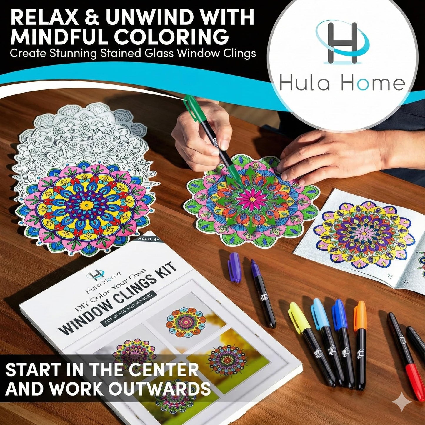 Hula Home Stained Glass Mandala Art Kit - DIY Window Clings with Markers, 10 Suncatchers - Perfect Hobby for Adults, Kids, Teens & Seniors - Ideal Gift for Beginners, Women & Elderly