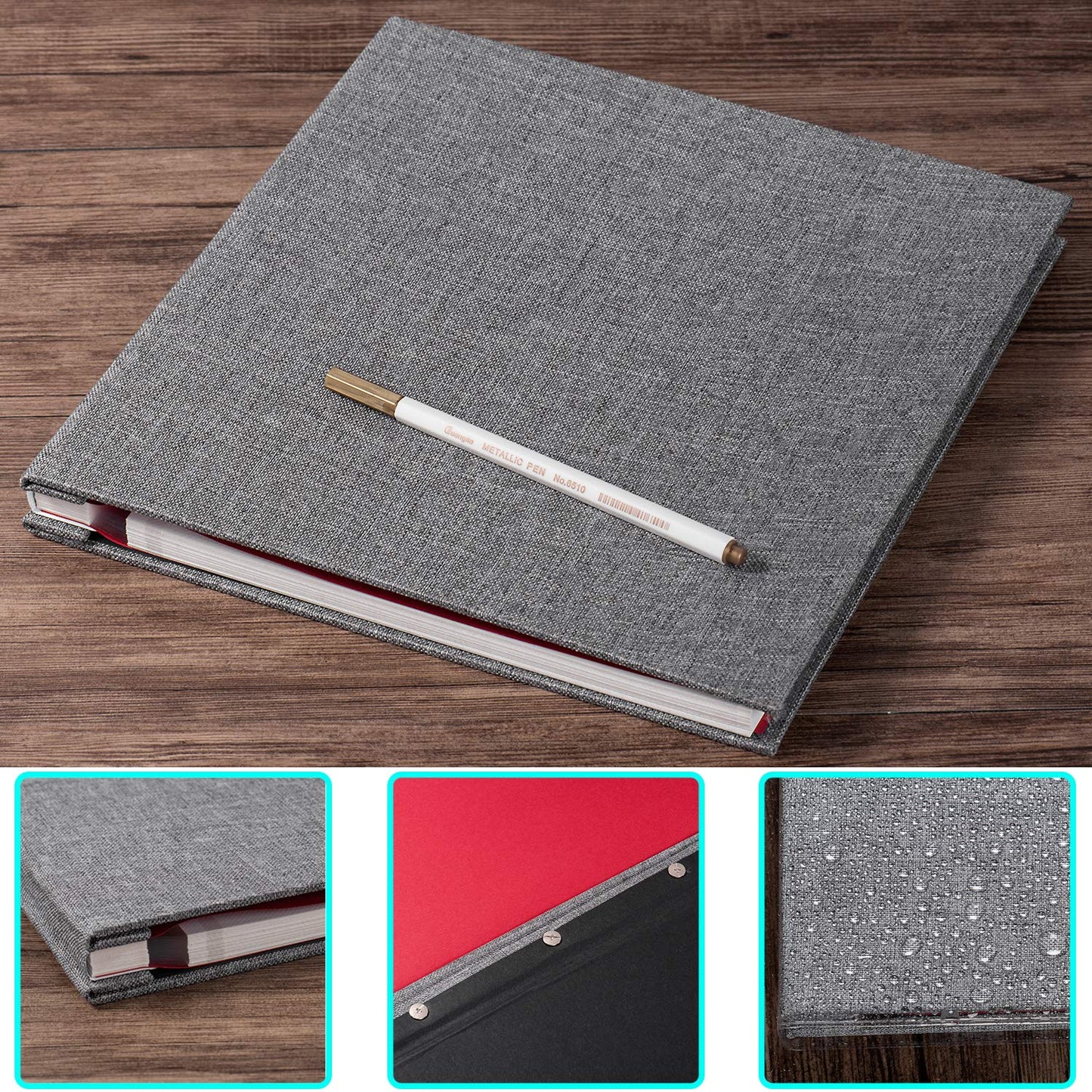 Photo Album Self Adhesive 3x5 4x6 5x7 6x8 8x10 8.5x11 11x10.6 Magnetic Scrapbook Album DIY Length 11x10.6 Inch 40 Pages Linen Cover DIY Photo Album with A Metallic Pen and and Plastic Board(Grey)