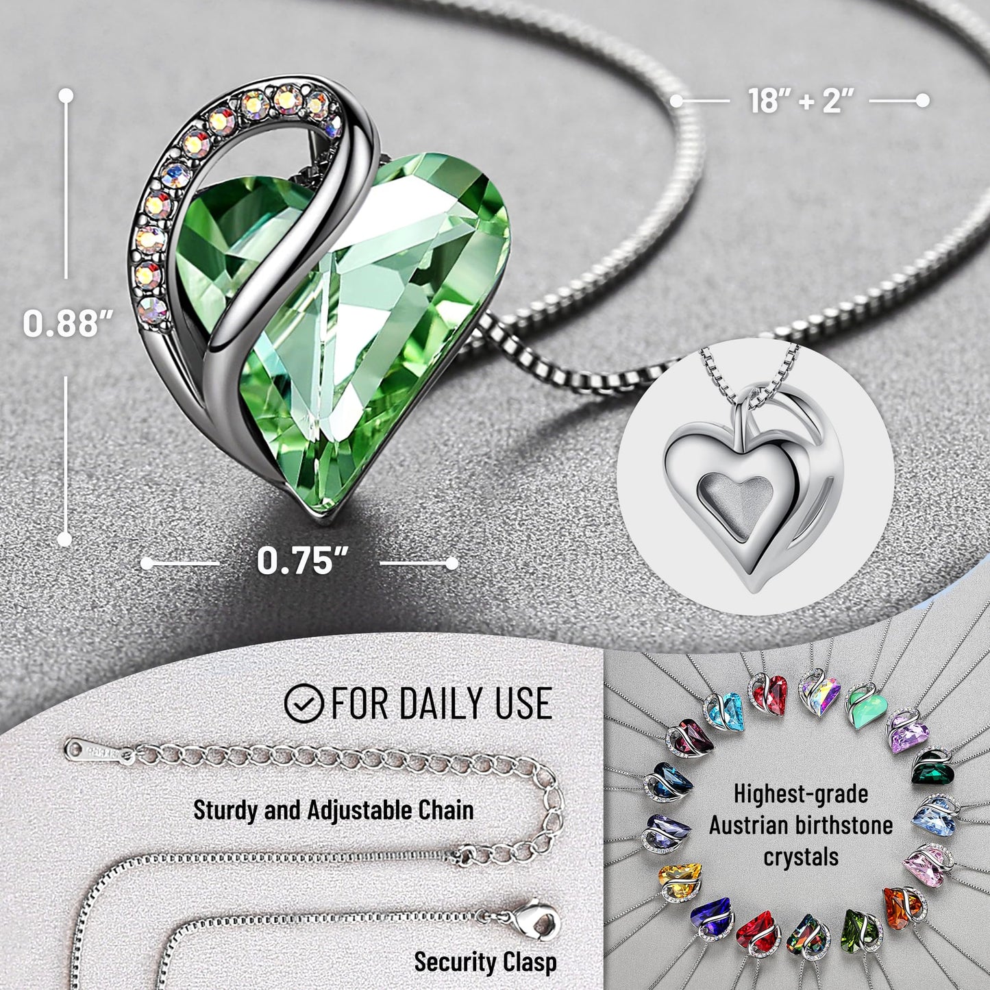Leafael Mothers Day Gift Necklaces for Women, Infinity Love Birthstone Heart Pendant, Light Chrysolite Green Crystal for August, Birthday Jewelry for Her, Mom, Wife, Silver Plated, 18" + 2" Chain