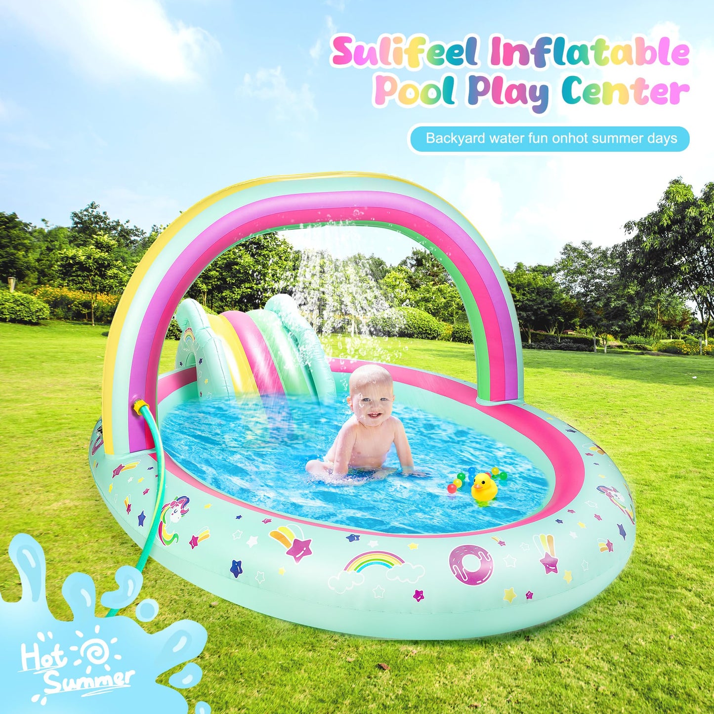 SULIFEEL Rainbow Unicorn Inflatable Play Center Kiddie Pool with Slide and Sprinkler for Children, 96''x59''x39''in Baby Pool for Backyard and Garden